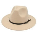 Classic beige wool fedora hat with a vintage dark brown leather belt and gold buckle - Beige (Small Black Leather Belt)