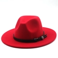 Detail of red wool fedora hat featuring black leather band and silver rose metal buckle - M (56-58cm) / Red