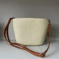 Retro beige woven straw tote bag with brown PU leather adjustable shoulder strap - Beige