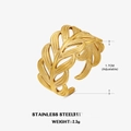 Adjustable golden stainless steel feather open ring with brushed metal texture finish - Brushed Feather Style (ZN151) / Steel