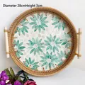 Handwoven round rattan tray with green floral shell inlay and wooden handles, 28cm diameter - Green Flower / Large 28x3cm