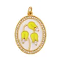 Copper lily of the valley pendant with white enamel and sparkling zircon oval frame - Gold Oval Zirconia Inlaid Yellow Lily of the Valley