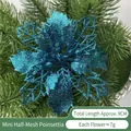 Blue glitter hollow mesh Christmas flower with faux pine needles, 9cm diameter - Lake Blue