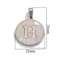 Oval stainless steel pendant with letter H white shell inlay and 32mm height detail - Steel H