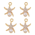 Detail view of golden starfish pendants with white imitation pearls and clear rhinestones - Starfish Shape Pearl (px1086-33)