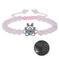 Pink beaded bracelet with silver dog paw projection stone showing I love you in 100 languages - Rose Quartz Bracelet