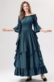 Dark green Renaissance corset dress featuring off-shoulder ruffles and layered tiered skirt - L/XL / Dark Green