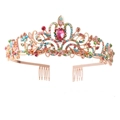 Rose gold bridal crown with colorful crystals and pink centerpiece stone with hair combs - Rose Gold Opal Multi-color