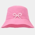 Detailed view of pink bucket hat with pearly bow decoration and reinforced stitching - Rose Red