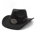 Classic black felt cowboy hat featuring a leather band with an American eagle metal buckle - M (56-58cm) / Black