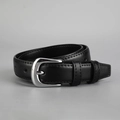 Women's black leather belt with silver buckle, minimalist casual waist belt for daily wear. - Silver Buckle / Black
