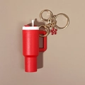 Red mini tumbler keychain with golden ring and red floral charm accessory - Red