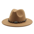 Classic camel wool felt fedora with bohemian braided rope and turquoise bead detail - Khaki