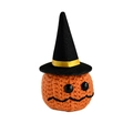 Handmade orange crochet Halloween pumpkin doll with black wizard hat and golden ribbon - A Pumpkin + Magic Hat
