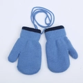 Blue knit baby mittens with dark blue cuffs and connecting string on a white background - 1-3 Years / Regular Lanyard Style / Blue