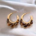 Vintage golden C-shaped hoop earrings with brown tiger eye beads on silk fabric - 14# Silver Earring Post - Gold Coffee