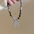 Beaded necklace with silver butterfly pendant featuring black and tiger eye stones - Black Butterfly (27#)