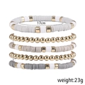 5-piece set of gray and gold bohemian polymer clay heishi bead stretch bracelets - White Grey Beige Mix