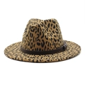 Classic leopard print wool fedora hat with dark brown leather band on white background - M(56-58cm) / Camel
