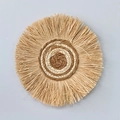 Bohemian round woven straw wall decor with brown spiral pattern and fringe - Two-tone Spiral Wall Hanging (32cm)
