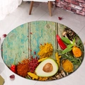 Oval flannel rug with spices print and avocado pattern on green wood grain background - 80×80cm / Vintage Cyan Wood Spice Pattern