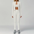 Three-piece white ribbed yoga set featuring zipper jacket, crop top, and leggings - S / 3-Piece Set (Bra+Trousers+Jacket) / Milky Apricot