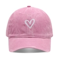 Washed pink cotton baseball cap with white heart embroidery and adjustable soft crown - Pink
