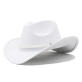 Detail of white felt cowboy hat with beaded band and classic curved brim design - White