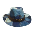 Western style patchwork denim cowboy hat featuring vintage rivets and a golden bull head - One Size / Royal Blue