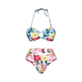 Detailweergave van florale bikiniset met tropische print en witte ringdecoratie - S / Halter bikini set