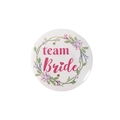 Floral Team Bride tinplate badge for bachelorette parties with pink lettering on white - Purple Pink Wreath Team Bride