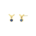 Minimalist gold hoop earrings with round blue gemstones on a clean white background - Gold Style 20-Blue Stone Moon