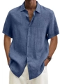 Camicia casual da uomo in lino blu scuro con scollo a V e bottoni a maniche corte - Blu