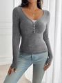Slim fit grey Y2K long sleeve button V-neck shirt for women in soft ribbed fabric - S / Mixed Grey