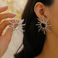 Chic oversized silver sunburst stud earrings featuring bold vintage radiant flame design - Large Silver Sun Shape (2690)