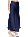 Elegant navy blue satin midi skirt with side lace splicing and high waist silhouette - S / Navy Blue