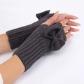 Dark grey knitted fingerless gloves with bow detail and ribbed texture for women - Dark Gray