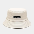 Fashionable beige cotton bucket hat with black embroidered THE FOCUS logo for unisex street style - M (56-58cm) / Beige