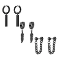 Black stainless steel earring set featuring feather charms, bars, and chain links - Set 10 (Black - Bar Pendant/Feather Pendant/Chain Stud)