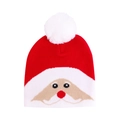 Detail of red Christmas knit hat featuring a white fluffy pom-pom and Santa facial pattern - Santa Claus (Child)