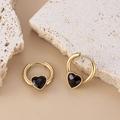 French style gold hoop earrings with black heart zircon charms on a stone background - ER-153 Gold Heart Pendant