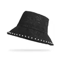 Elegant black lace sun hat with pearl trim and floral patterns for a vintage look - One Size / Black