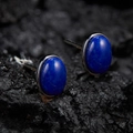 Minimalist S925 silver stud earrings featuring oval blue jade stones on dark rock - Natural Lapis Lazuli Oval Silver 5*7mm