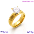 Anello in acciaio dorato 8mm con trama verticale e grande zircone cubico a taglio tondo - US 7 / Oro da Donna