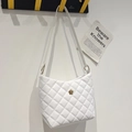 White quilted shoulder bag with gold camellia clasp and elegant rhombus pattern - White