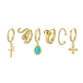 Detail of a 6-piece gold earring set featuring sword, snake, and turquoise drop designs - Snake Earring Set - Gold