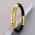 Men's woven black leather bracelet with gold stainless steel metal accents and magnetic clasp - Wire Rope Style Gold (KB163604-KFC)