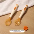 Ergonomic bendable baby fork and spoon set in vibrant orange PPSU with calf patterns - Vibrant Orange Fork Spoon