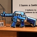 Blue and black pixelated cartoon dinosaur plush toy pillow in a cozy home setting - Blue Submachine Gun Style
