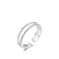 Double-layer s925 sterling silver open ring with geometric lines and pavé zircons - US Size 5 (Adjustable Open) / Silver